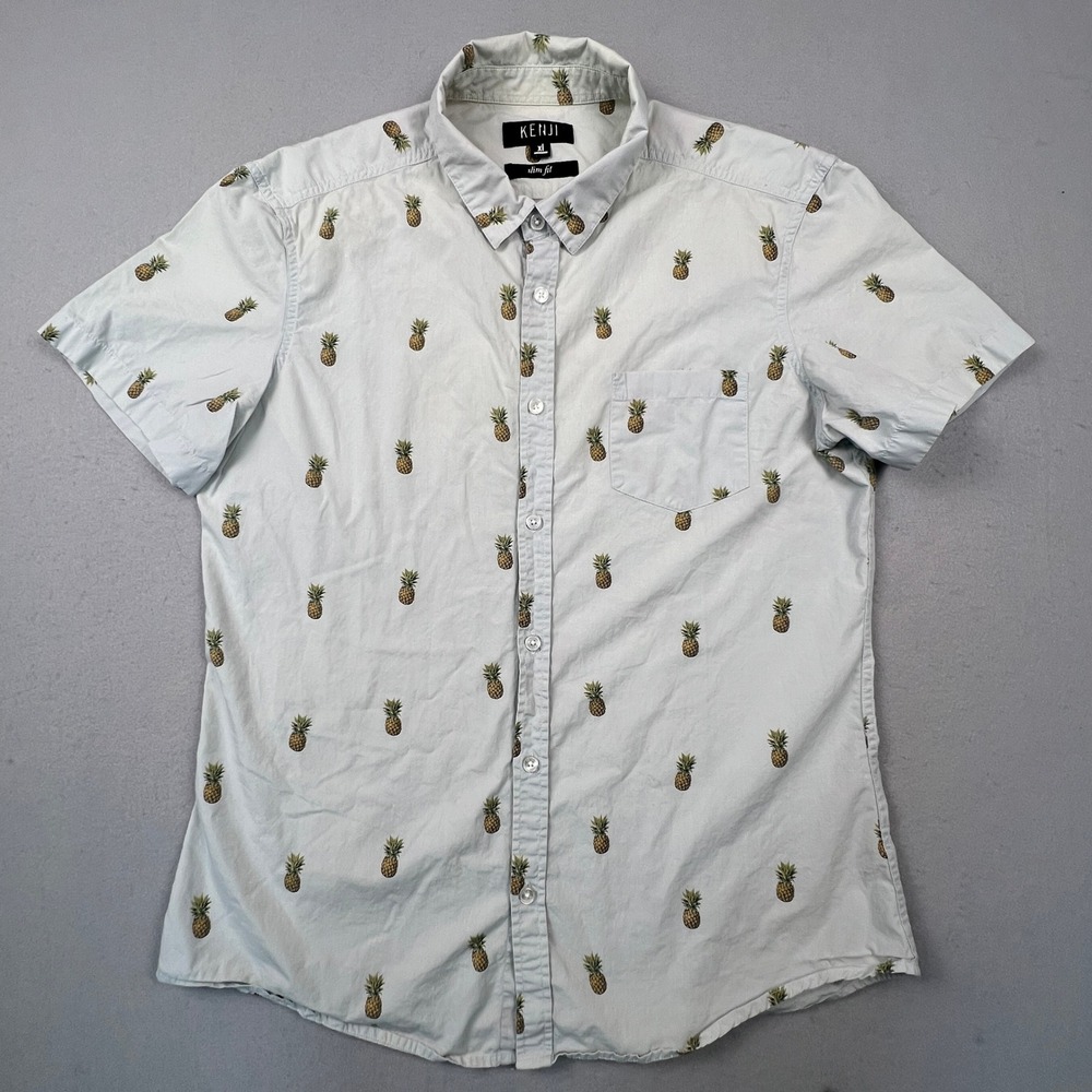 Kenji Button Down Shirt Mens XL Mint Green Pineapple Print Slim Fit Summer Beach